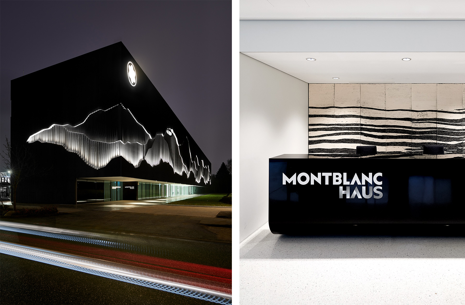 Montblanc Haus, Hambourg. À l'intérieur du bâtiment emblématique (photo de gauche), détail de la réception en Corian<sup>®</sup> Deep Nocturne avec finition polie miroir (gauche). Conception par Projectiles ; fabrication par Crea Diffusion ; images par Daniel Schafer ; tous droits réservés.